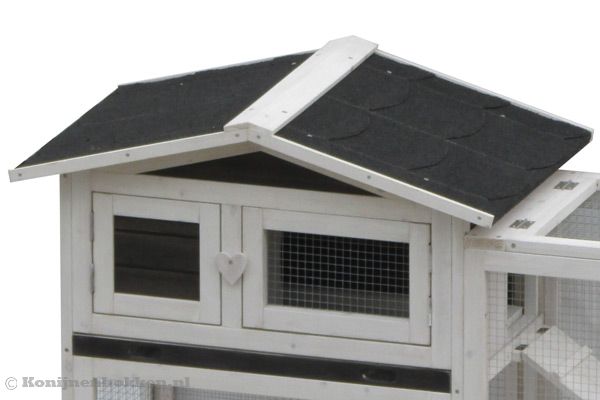 Prachtig konijnenhok met grijs - witte kleuren.